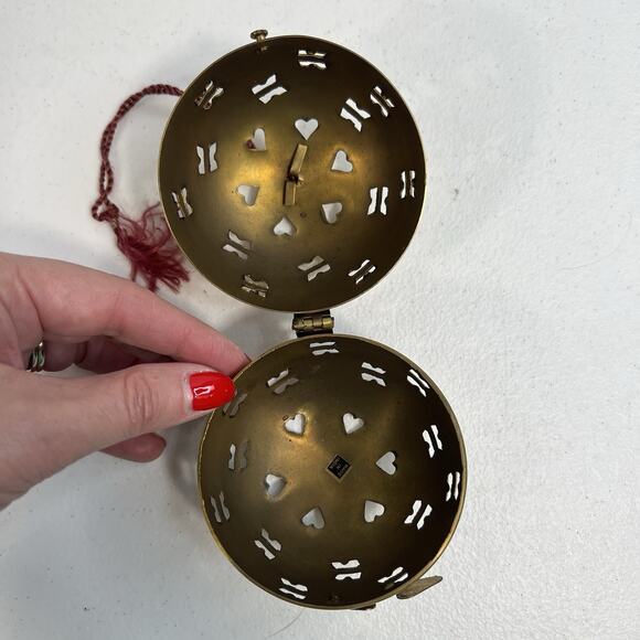 Vtg Brass Friendship Hanging Pierced 3" Potpourri Ball Orb Christmas Ornament - Picture 7 of 9